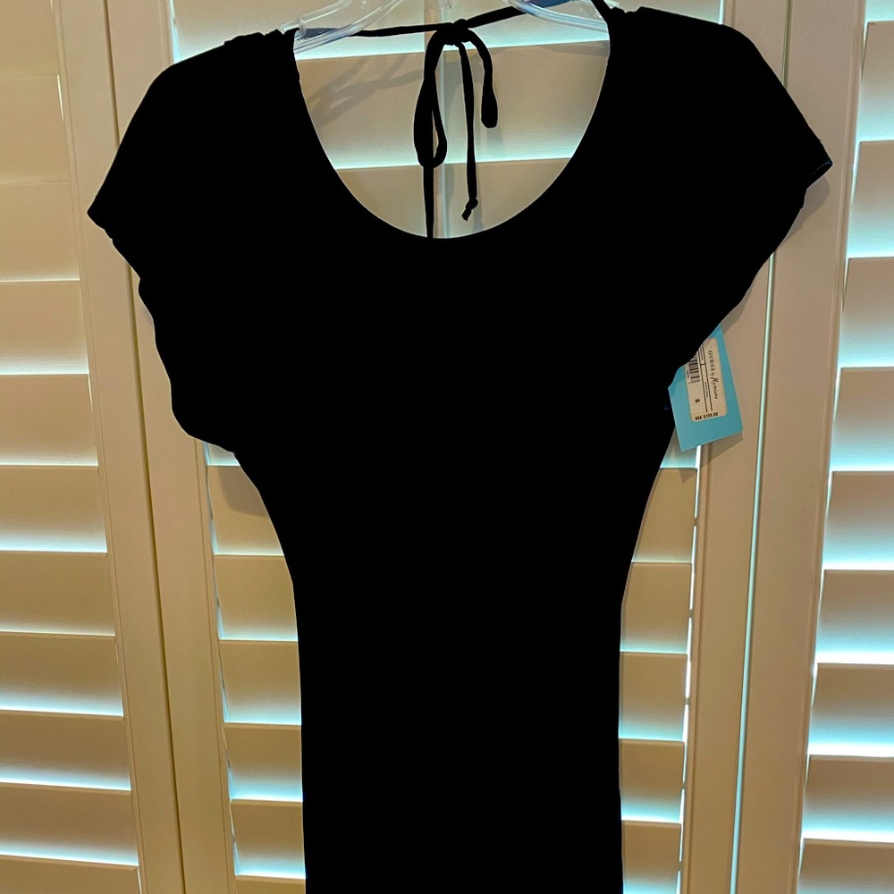 Black slinky open back mini dress